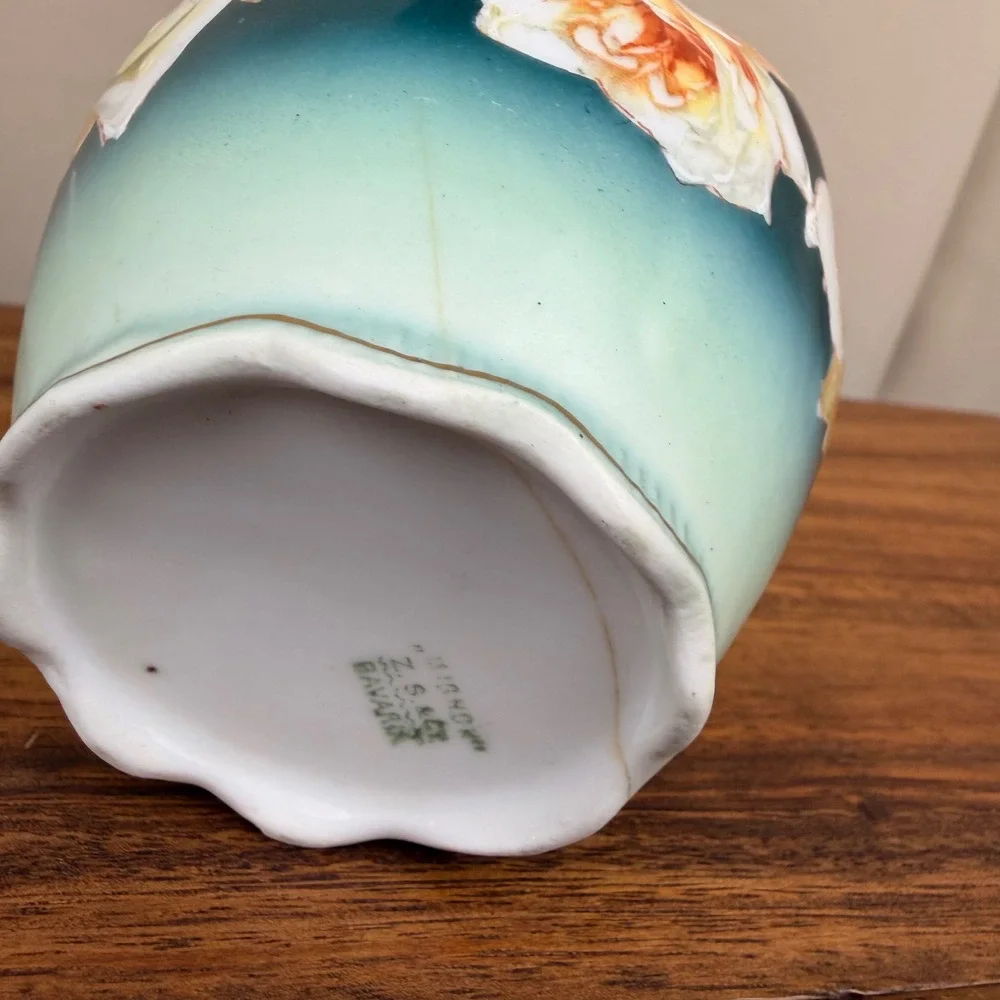 Z.S. & Co Bavaria Antique Hand Painted Creamer Teal Gold Gilt Roses German China